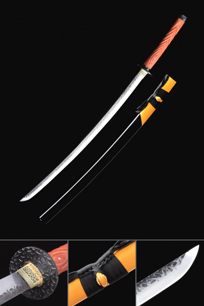 Manganese Steel Katana with Hammered Blade in Orange-Black Hardwood Lacquer Saya