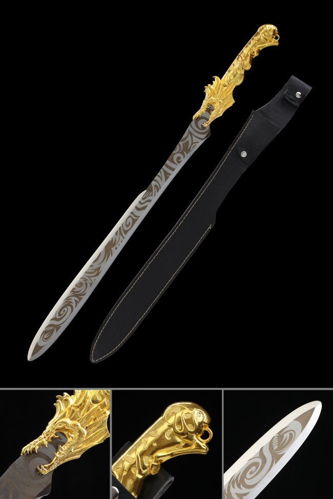 Handmade Fantasy Sword With Dragon Handle And Black Leather Scabbard