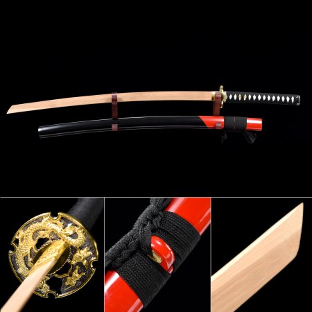 Handmade Natural Bamboo Wooden Blade Unsharpened Katana Sword With Black Scabbard And Alloy Tsuba