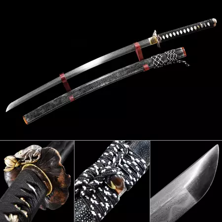 Handmade Japanese Katana Pattern Steel Real Hamon Full Tang With Rayskin Scabbard