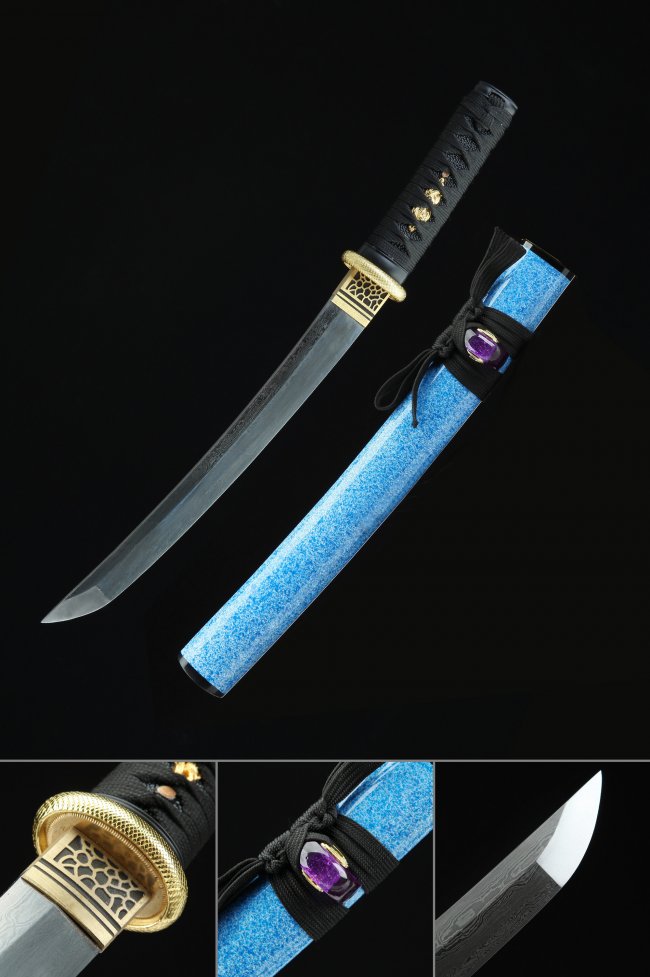 Damascus Steel Tanto with Blue Saya - Gold Alloy Tsuba, Black Cord Handle, Purple Gem Accent