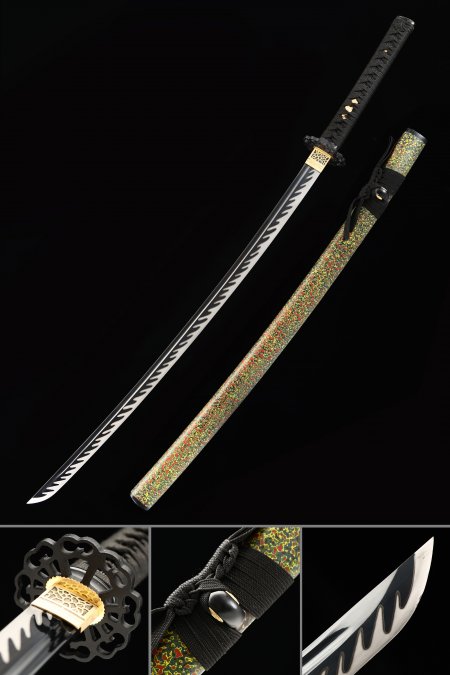 Handgefertigtes Japanisches Samurai-schwert Aus Hohem Manganstahl Mit Schwarzer Klinge Und Olivfarbener Scheide