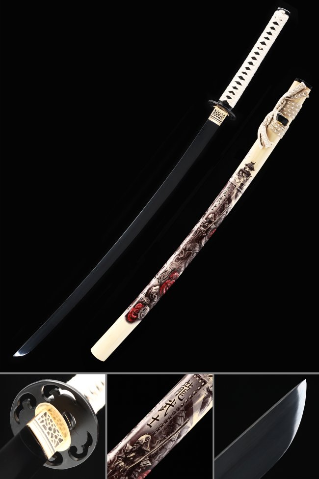 Spring Steel Katana with Black Blade and Dragon-Themed Carved Saya in White Tsuka Wrap
