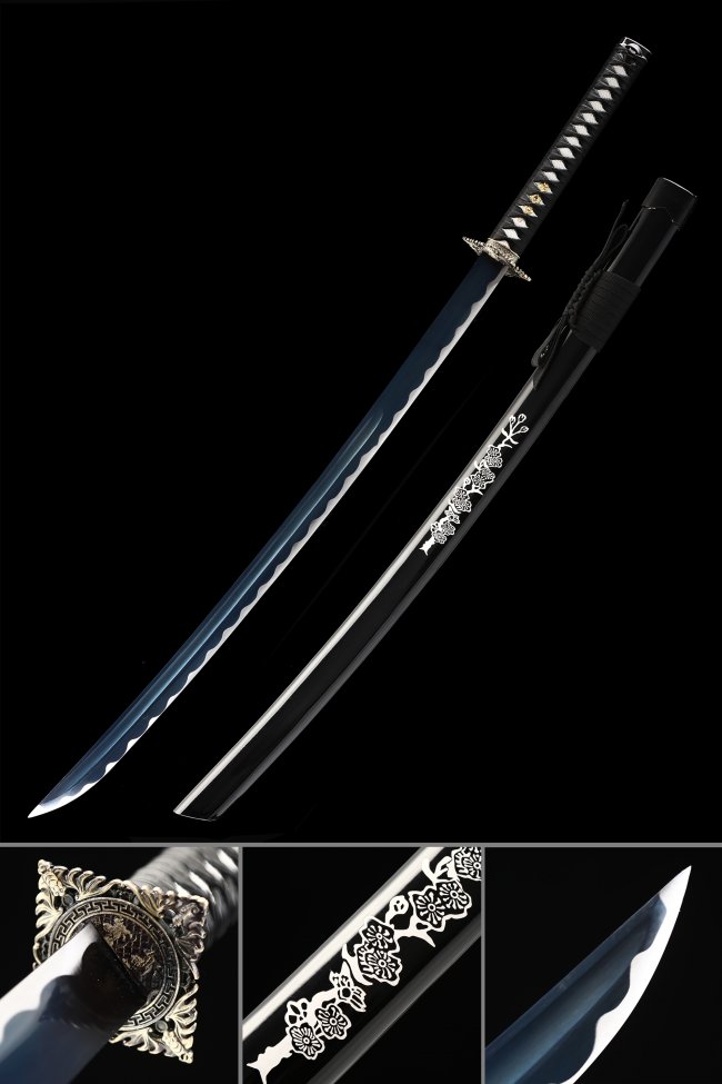Blue Blade Manganese Steel Katana with Floral-Engraved Black Saya and Gold Alloy Bamboo Tsuba