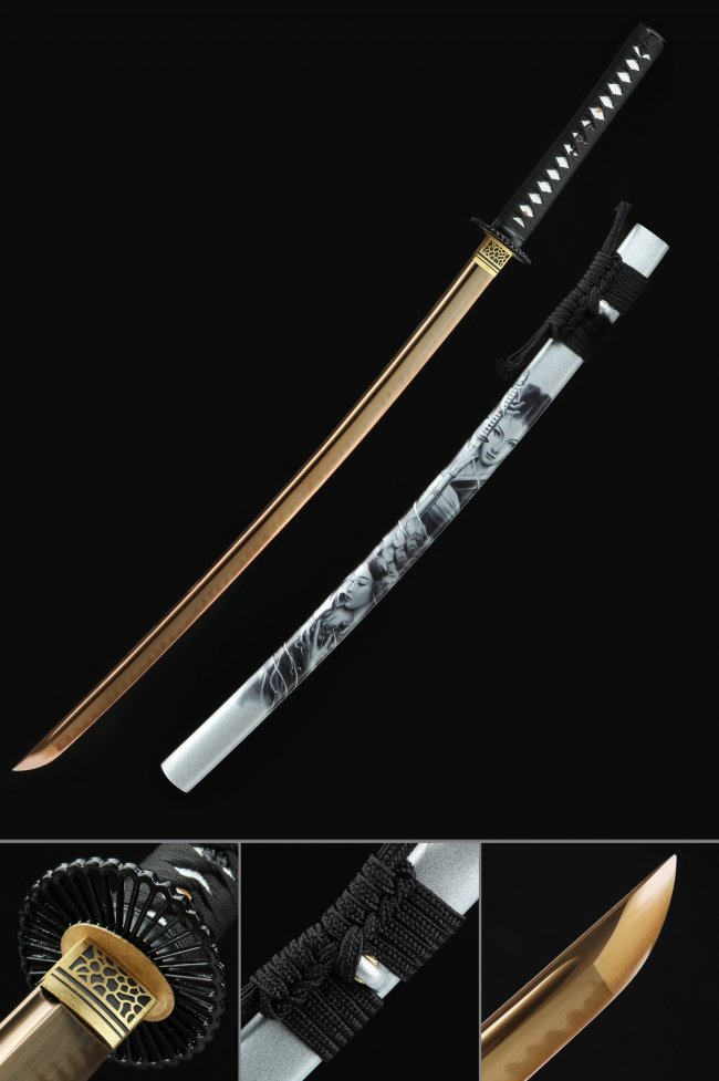 T10 Folded Carbon Steel Katana with Golden Blade and Real Hamon - Manga Art Silver Saya Collectible Sword
