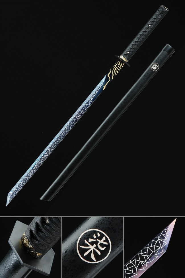 Manganese Steel Straight Sword with Blue Engraved Blade - Black Lacquer Saya, Gold-Black Tsuba