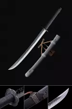 Handmade High Manganese Steel Chinese Dao Broadsword With Black Leather Scabbard And Flower Tsuba