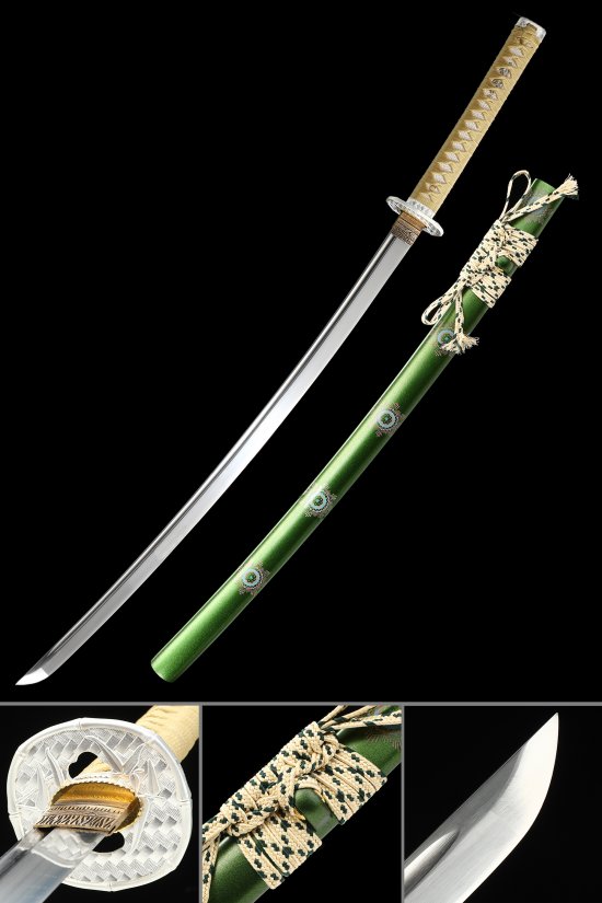 1095 Carbon Steel Katana with Green Lacquered Hardwood Saya - White Geometric Tsuba, Beige Cord Handle