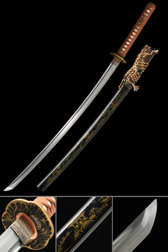 Chrysanthemum Tsuba T10 Carbon Steel Katana, Hand Forged, Black Crane Saya & Brown Tsuka