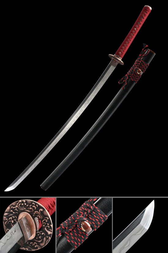 Damascus Steel Katana with Wave Tsuba - Red Ito, Black Lacquer Saya, Bronze Fittings