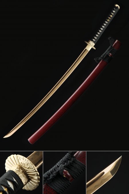 Handmade Japanese Katana Sword T10 Folded Clay Tempered Steel With Golden Blade