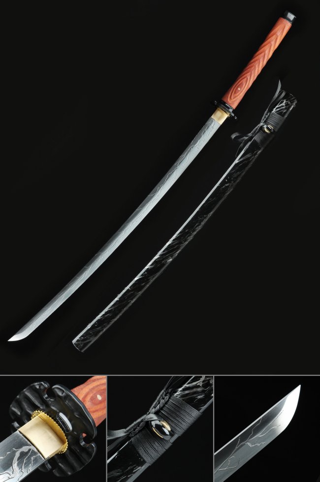 1045 Carbon Steel Katana with Lightning Carved Blade and Rosewood Handle in Black Lacquer Saya