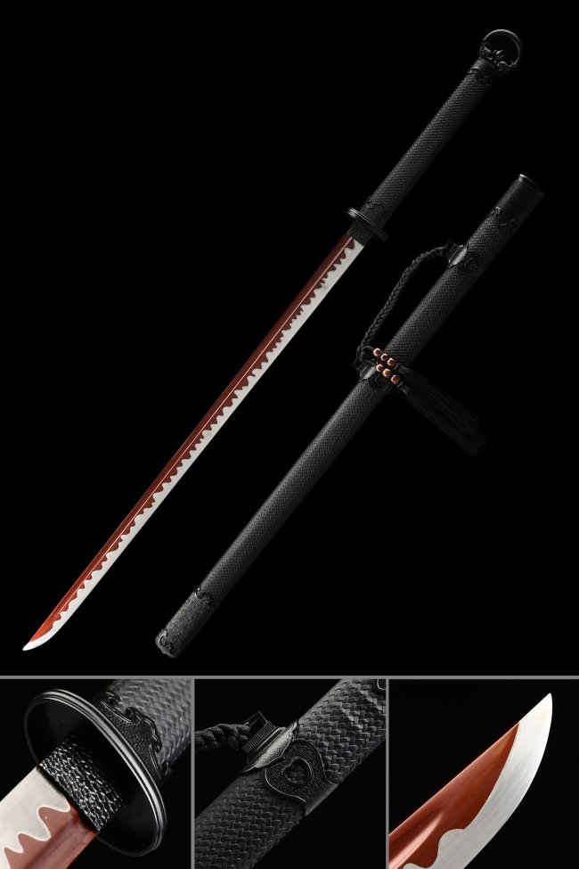 Japanese Straight Sword Manganese Steel Red Blade Black Koshirae Ninjato Replica