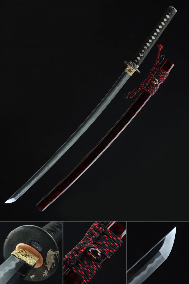 Dragon Tsuba T10 Carbon Steel Katana, Dark Red Saya, Black Tsuka & Mix Color Finish
