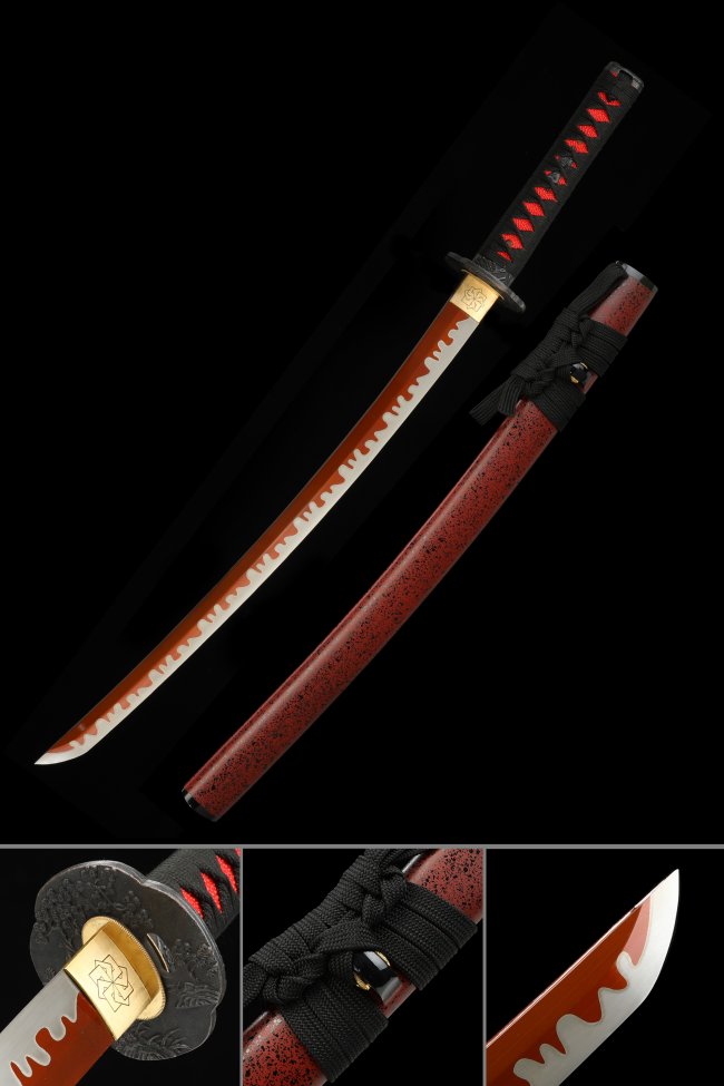 Manganese Steel Wakizashi with Red Blade & Black-Red Tsuka in Chrysanthemum Koshirae