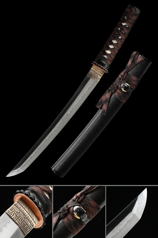 T10 Carbon Steel Tanto with Real Hamon in Black Saya - Brown & Black Cord Handle, Gold Alloy Tsuba