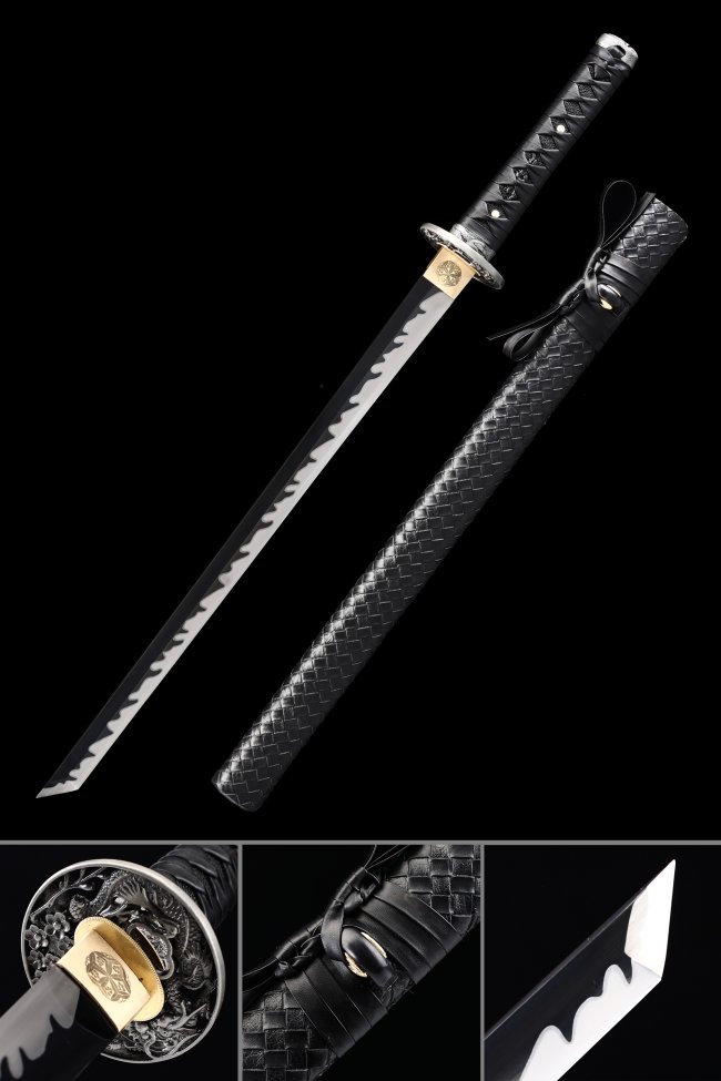 Manganese Steel Ninjato with Dragon Tsuba in Black PU Leather Saya - Raging Fire Hamon