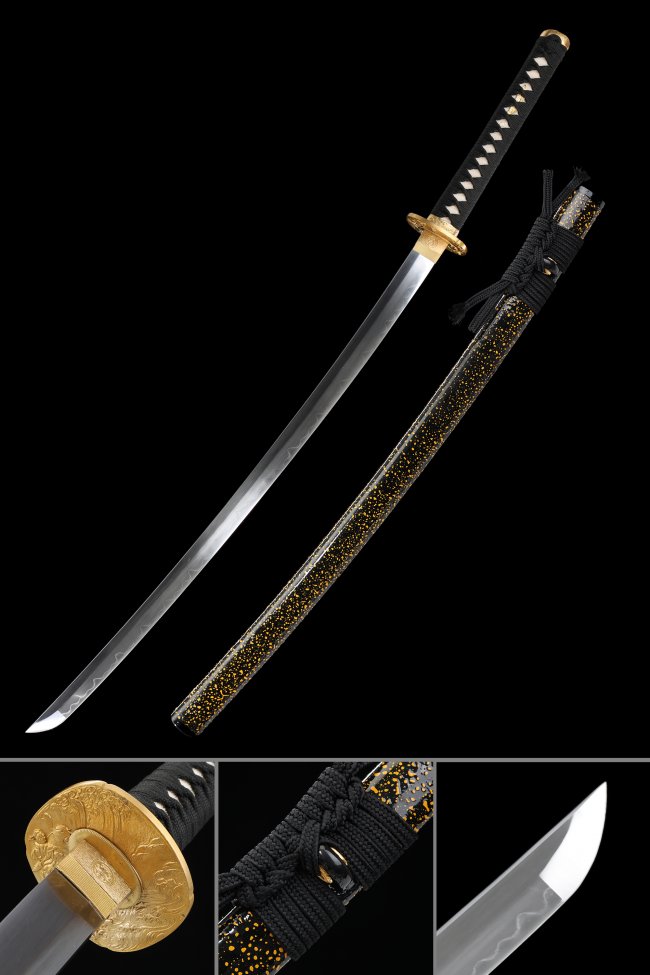 T10 Carbon Steel Katana with Real Hamon in Black-Gold Lacquer Saya - Gold Wave Tsuba