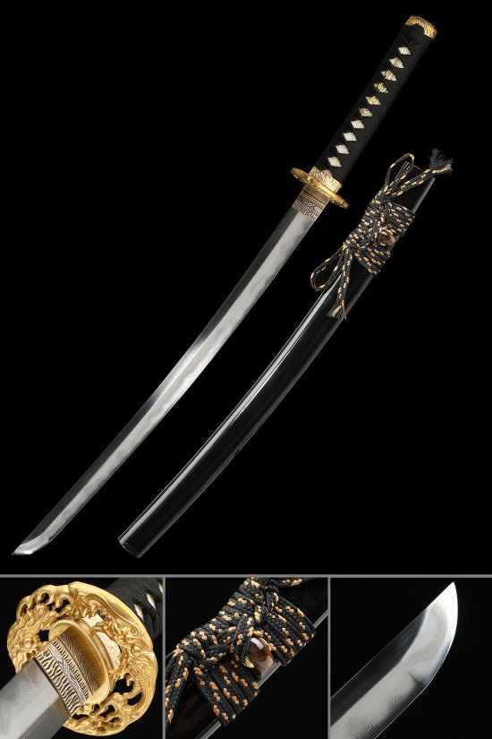 Dragon Tsuba T10 Carbon Steel Wakizashi, Full Tang, Black Saya & Black White Tsuka