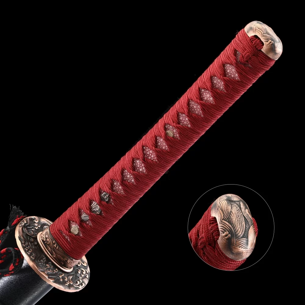 Authentic Katana | Damascus Steel Katana with Wave Tsuba - Red Ito