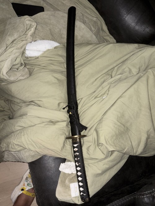 Manganese  Steel Wakizashi Sword With Black Piano Lacquer Saya And Floral Bird Tsuba