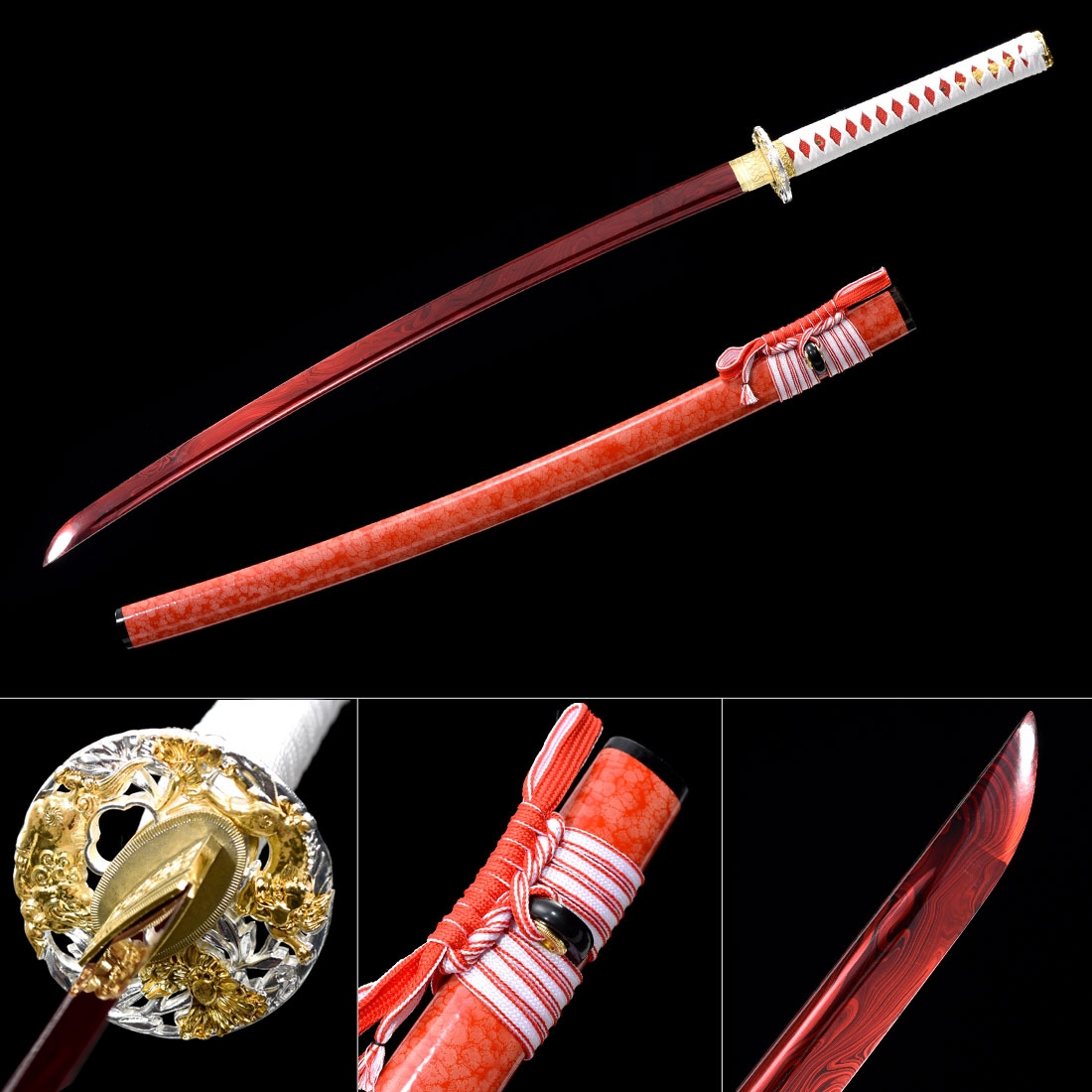 Handmade 1045 Carbon Steel Red Blade And Flower Tsuba Real Japanese Katana Samurai Swords