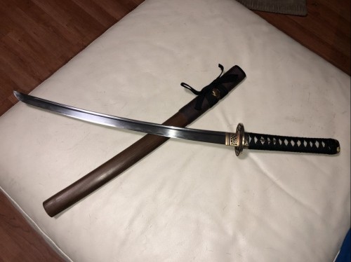 Handmade Wakizashi Sword T10 Folded Clay Tempered Steel With Brown Scabbard