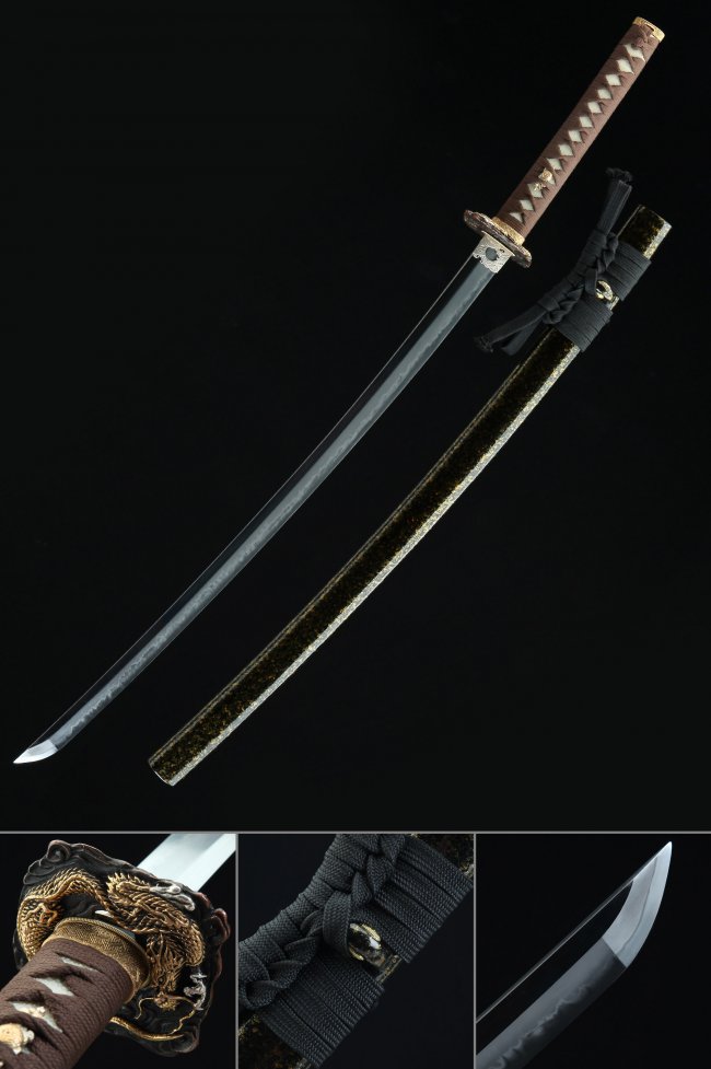 T10 Carbon Steel Katana with Dragon Tsuba in Black-Gold Saya - Brown Handle