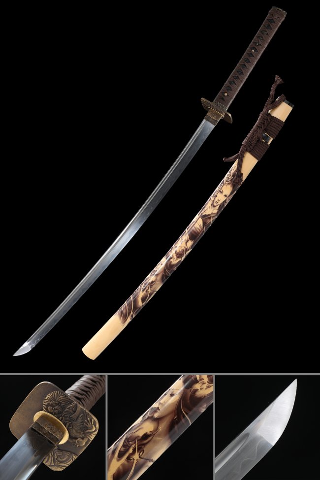 Lion Tsuba T10 Carbon Steel Katana, Clay Tempered, Real Hamon & Full Tang