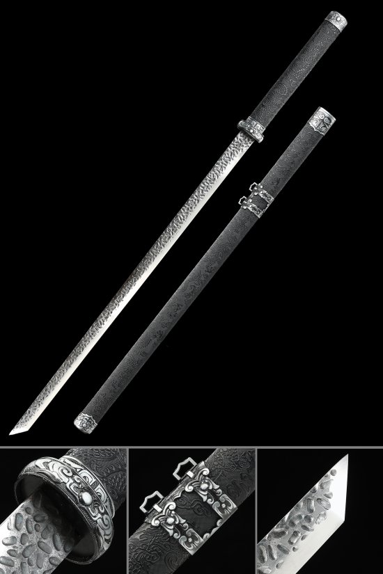 Ninjato 1090 Carbon Steel Hand-Hammered Blade with Black Dragon-Engraved Saya and Silver Scroll Tsuba