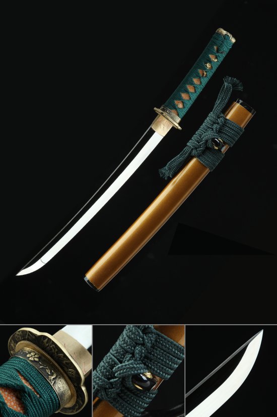 1060 Carbon Steel Tanto with High-Polish Blade - Teal Cord Handle, Gold Hardwood Saya