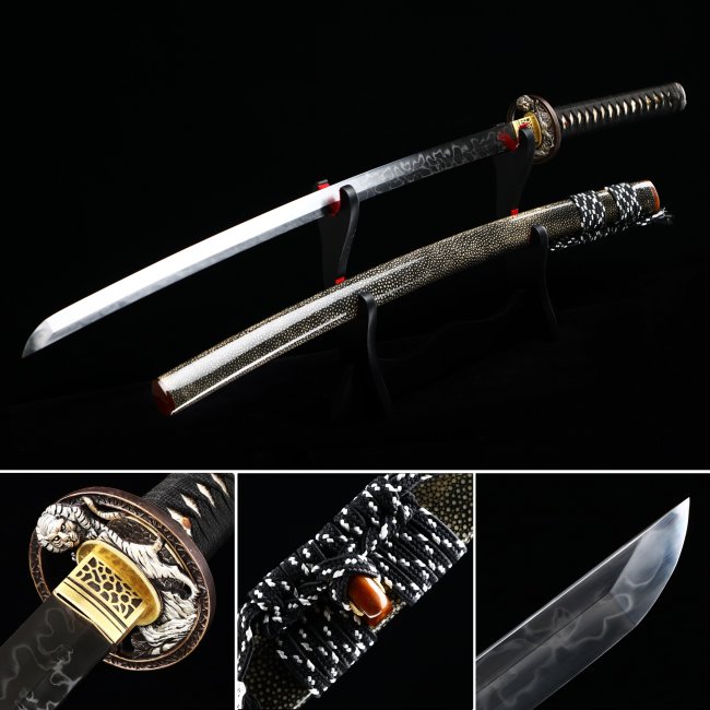 T10 Steel Katana with Real Hamon, Lion Tsuba in Bronze-Gold, Black Rayskin Saya