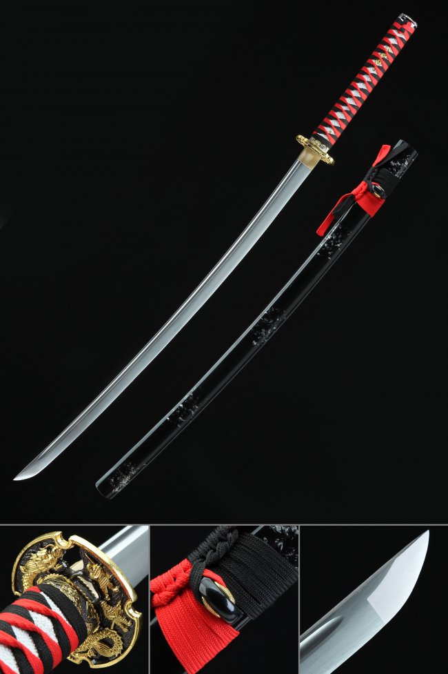1045 Carbon Steel Katana with Red and Black Ito Wrap - Dragon Tsuba in Gold Alloy with Black Piano Lacquer Saya