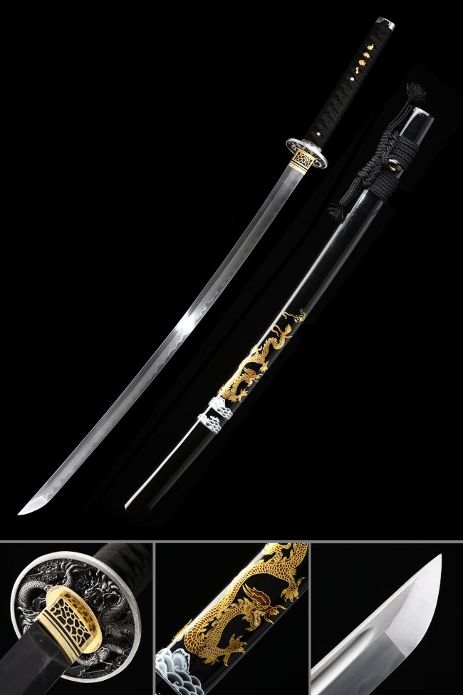 T10 Folded Clay Tempered Katana with Real Hamon - Black Saya with Gold Dragon Motif in Silver Alloy Tsuba