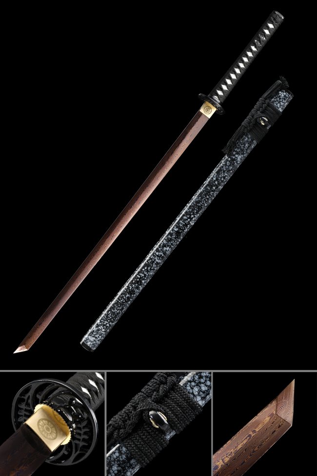 Damascus Steel Ninjato with Dark Red Blade - Black Marble Lacquer Saya, Chrysanthemum Tsuba