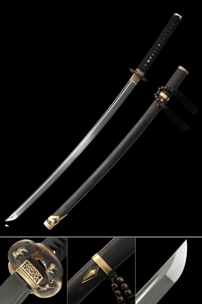 Damascus Steel Katana with Black Lacquer Saya - Full Tang, Gold Dragon Tsuba, Black Ito