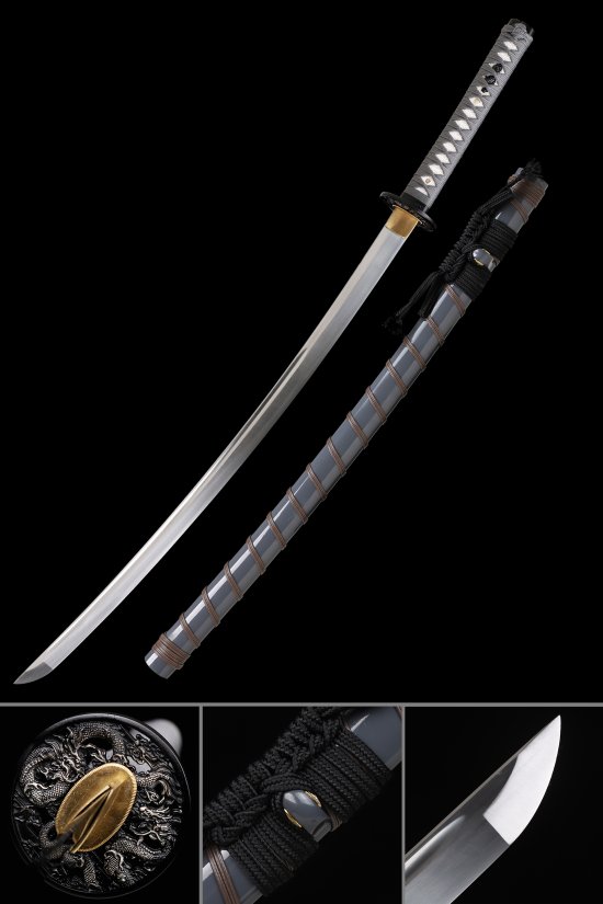 1090 Carbon Steel Katana with Dragon Tsuba - Gray Lacquered Saya & Gray Cord Handle