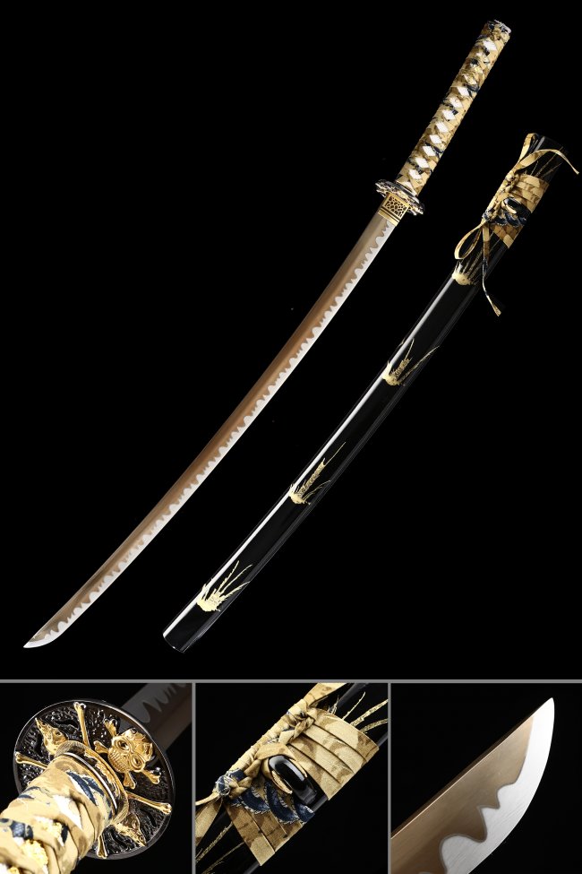 Manganese Steel Katana with Beige Hamon Blade, Skull Tsuba in Black and Gold Koshirae