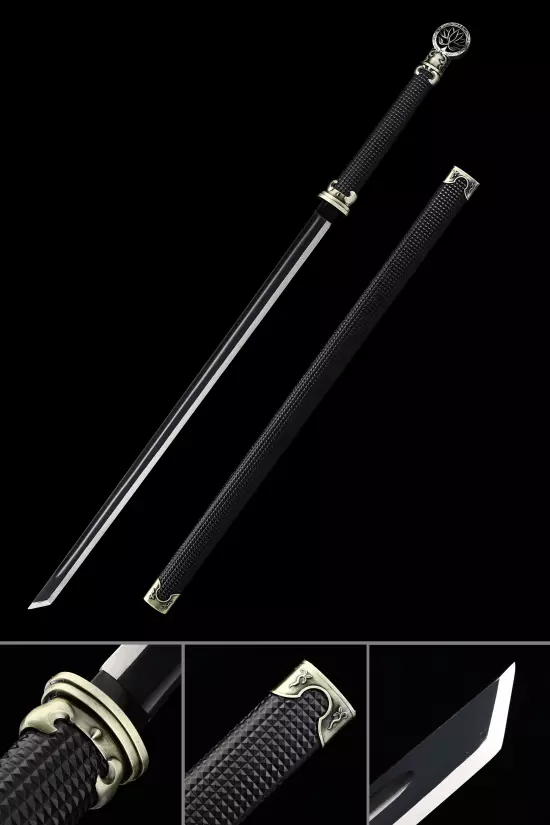 Handmade Japanese Ninjato Sword With Black Leather Scabbard