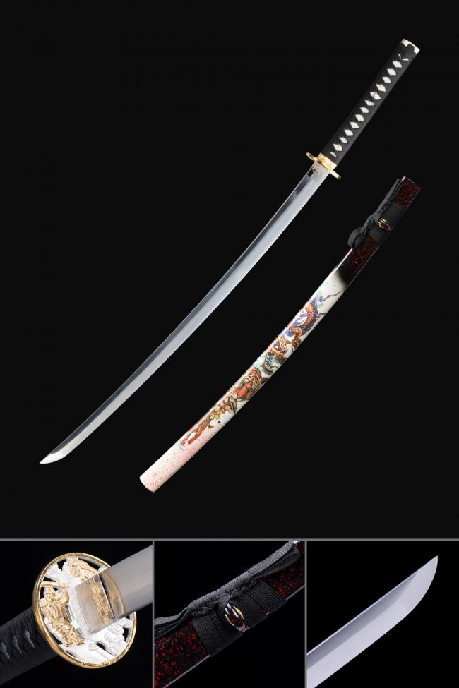 Nihonto Katana in Manganese Steel with Dragon-Print White Saya - Samurai Tsuba