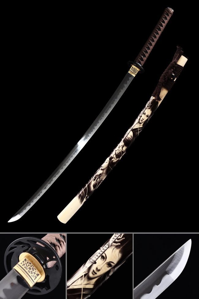 Manganese Steel Katana with Geisha-Print Natural Wood Saya - Full Tang, Brown Ito, Black Tsuba
