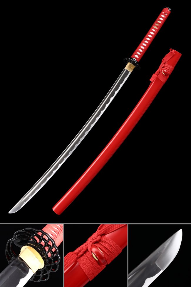 1045 Carbon Steel Red Katana Sword with Piano Lacquer Saya and Black Alloy Openwork Tsuba
