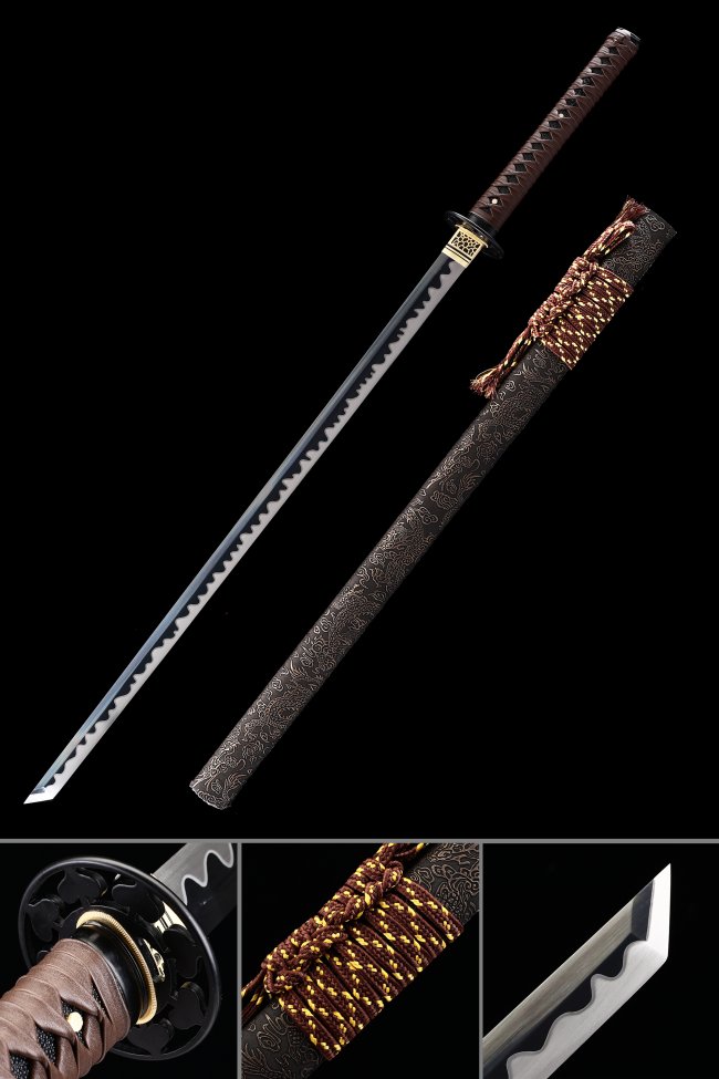 Manganese Steel Ninjato with Wave-Engraved Blade in Dark Red Tsuka & Dragon Saya