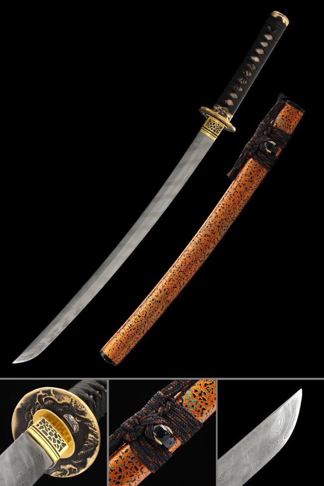 Damascus Steel Wakizashi with Orange Lacquer Saya in Black Cord Handle & Gold Dragon Tsuba