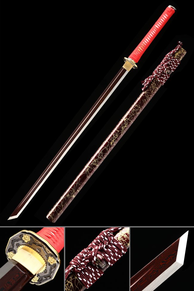 Damascus Steel Ninjato Straight Sword with Red Blade - Dragon Engraving, Red Tsuka & Dark Red Lacquer Saya
