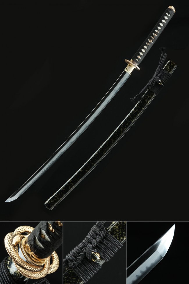 Hand Forged T10 Steel Katana with Gold Snake Tsuba - Black Lacquer Saya, Clay Tempered