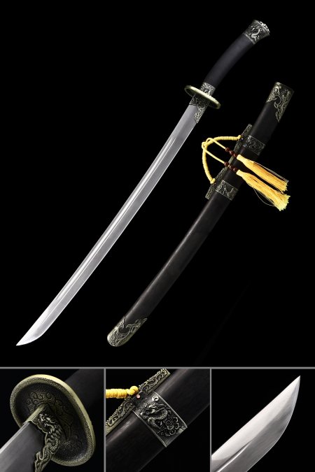 Handmade Chinese Oxtail Dao Saber Sword Broadsword Spring Steel  With Ebony Scabbard