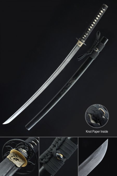 Full Tang Sword, Handmade Japanese Samurai Sword Pattern Steel With Black Scabbard