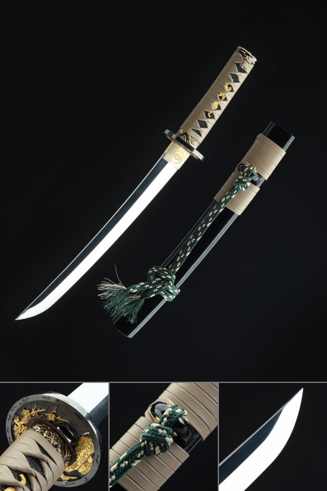 Manganese Steel Tanto with Beige Cord Handle, Gold Dragon Tsuba & Black Saya - Japanese Replica
