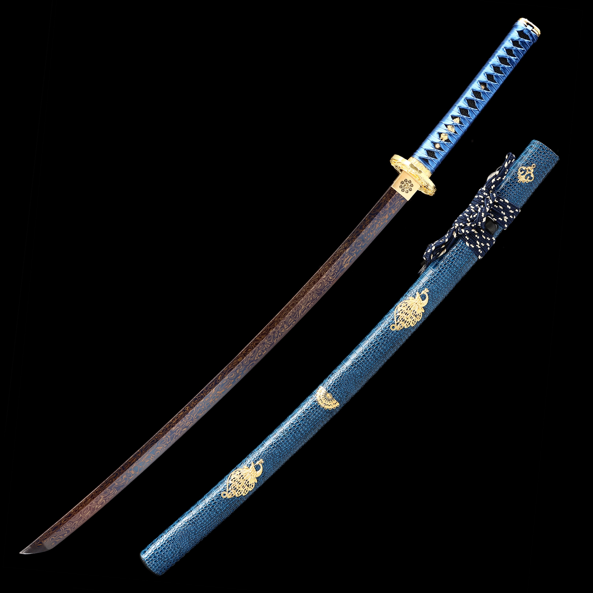 Blue Katana | Damascus Steel Full Tang Katana with Blue Leather